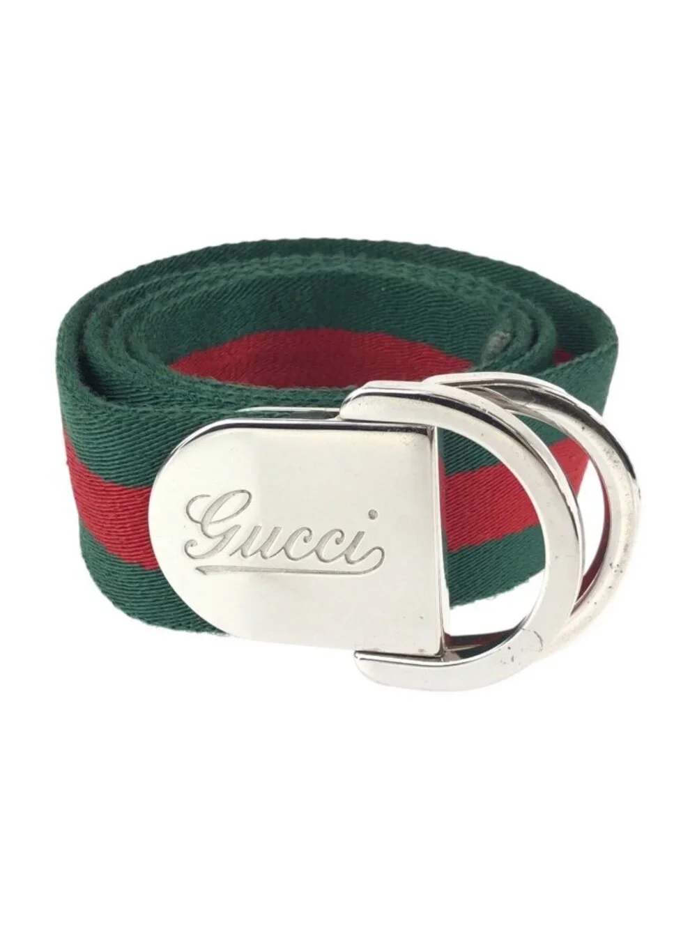Gucci Sherry Line 85 Green Red Silver Cotton Leather Belt
